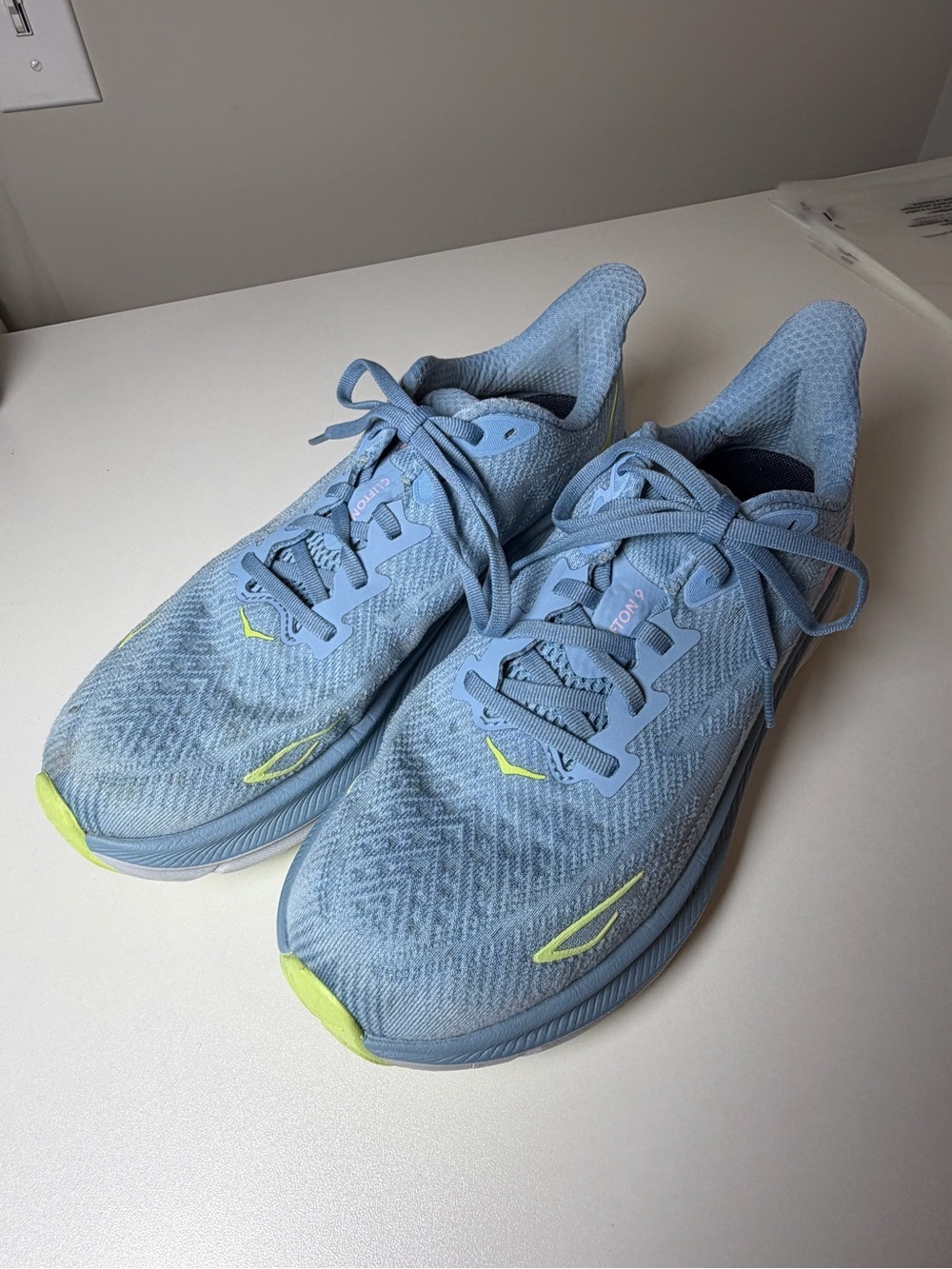 Women’s Hoka Clifton 3 9.5 Light Blue Running Shoes with Neon Yellow Accents